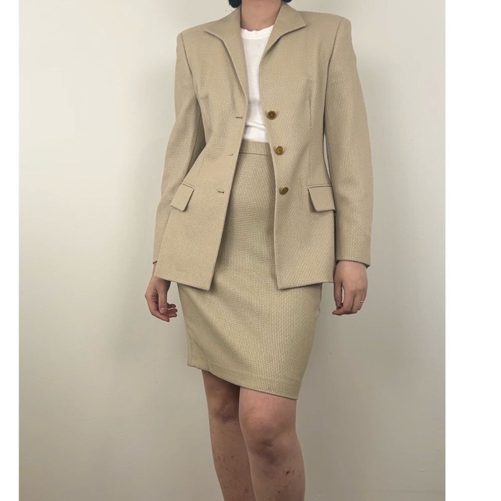 Vintage Escada Beige Tan Wool Skirt Set